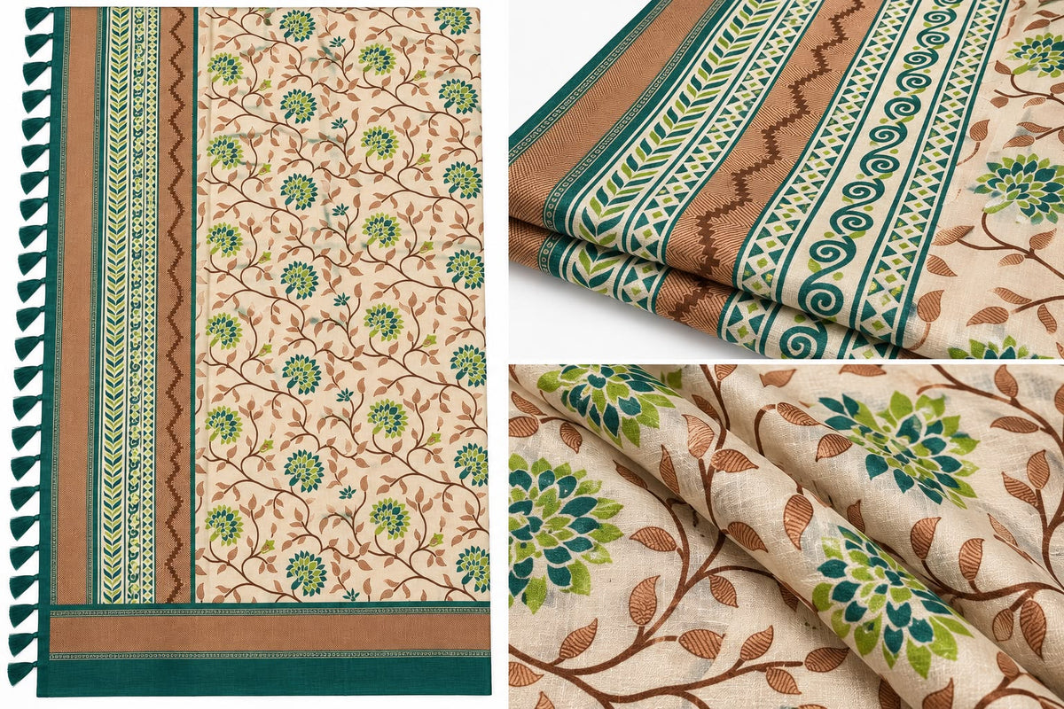 Elegant Cream and Teal Green Floral Silk Dupatta