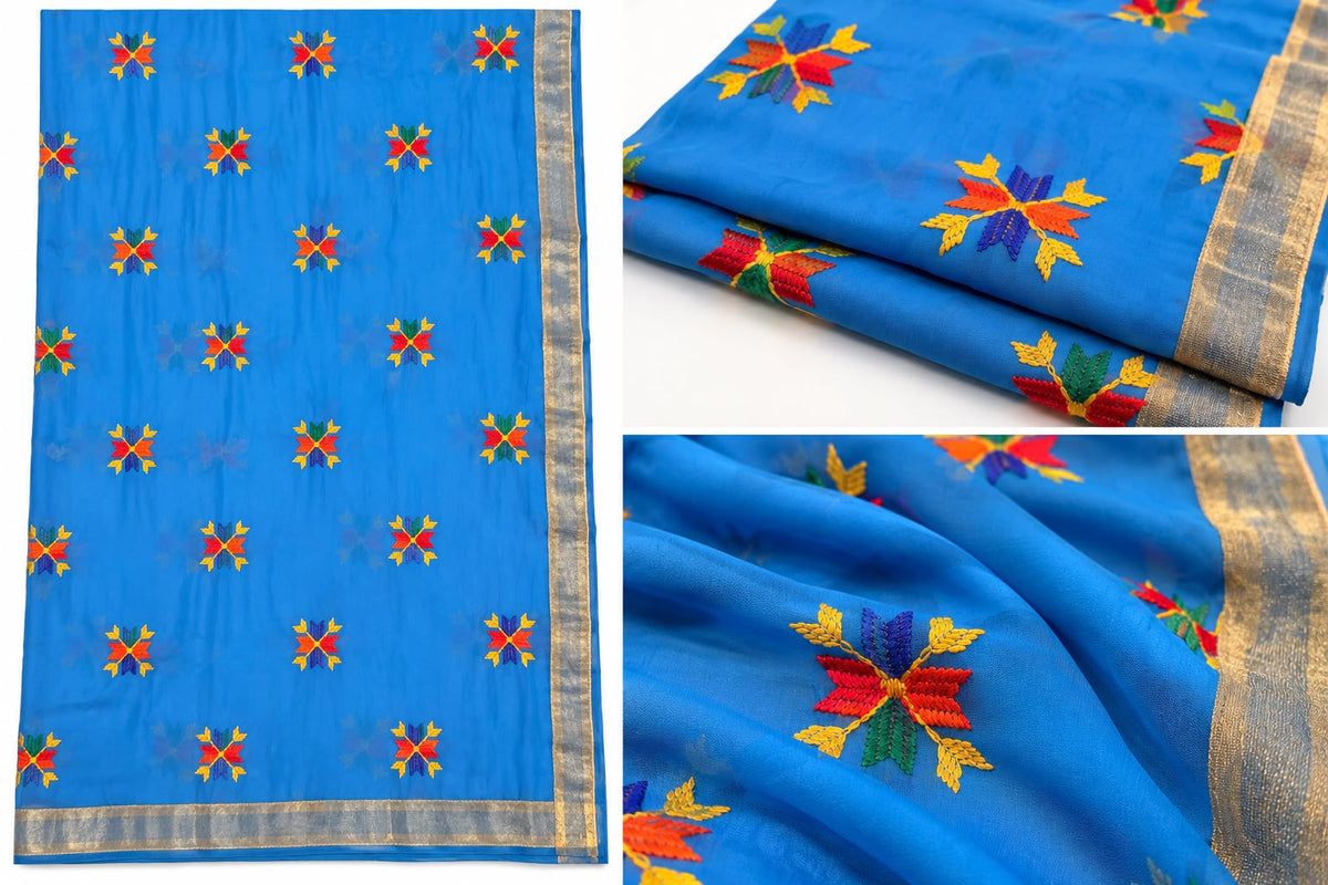 Beautiful Blue Silk Georgette Dupatta with Phulkari Embroidery