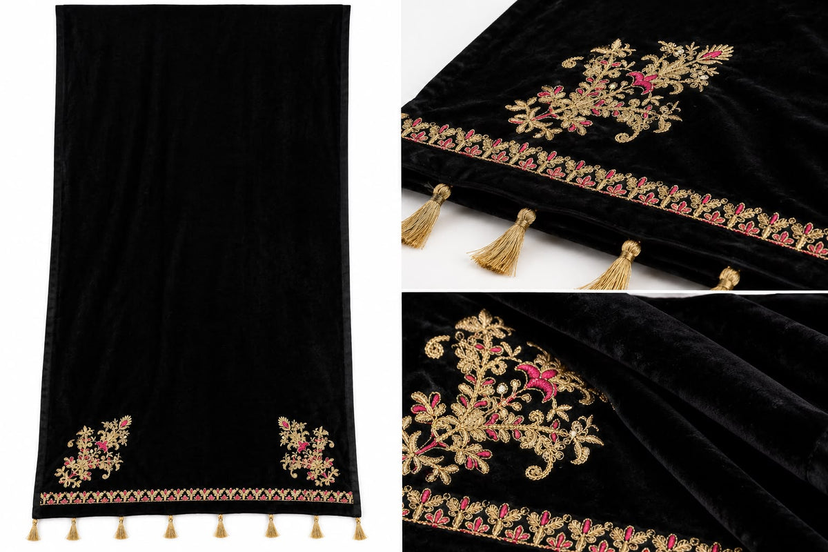 Elegant Black Velvet Dupatta with Gold and Pink Embroidery