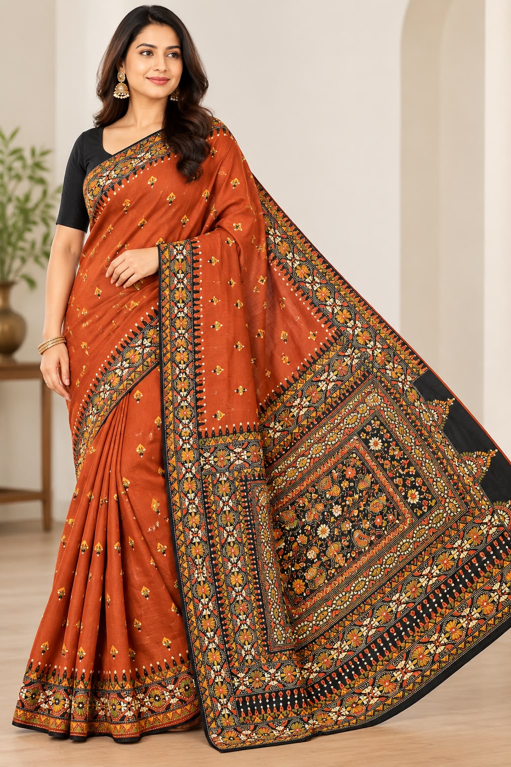 Elegant Rust Orange Kantha Silk Saree