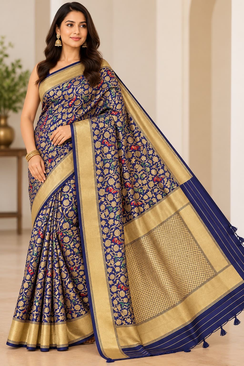 Royal Blue Banarasi Silk Saree with Gold Zari Floral Weaving