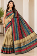 Elegant Multicolor Designer Silk Saree with Antique Gold &amp; Traditional Borders