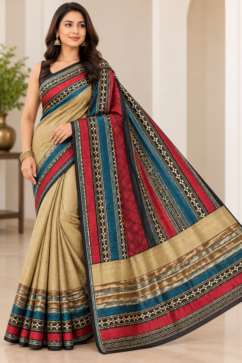 Elegant Multicolor Designer Silk Saree with Antique Gold &amp; Traditional Borders