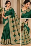 Elegant Emerald Green Khadi Handloom Silk Saree with Gold Geometric Motifs