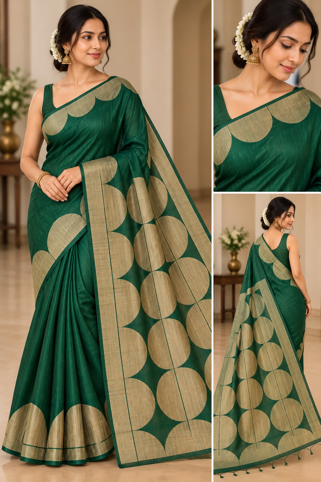 Elegant Emerald Green Khadi Handloom Silk Saree with Gold Geometric Motifs