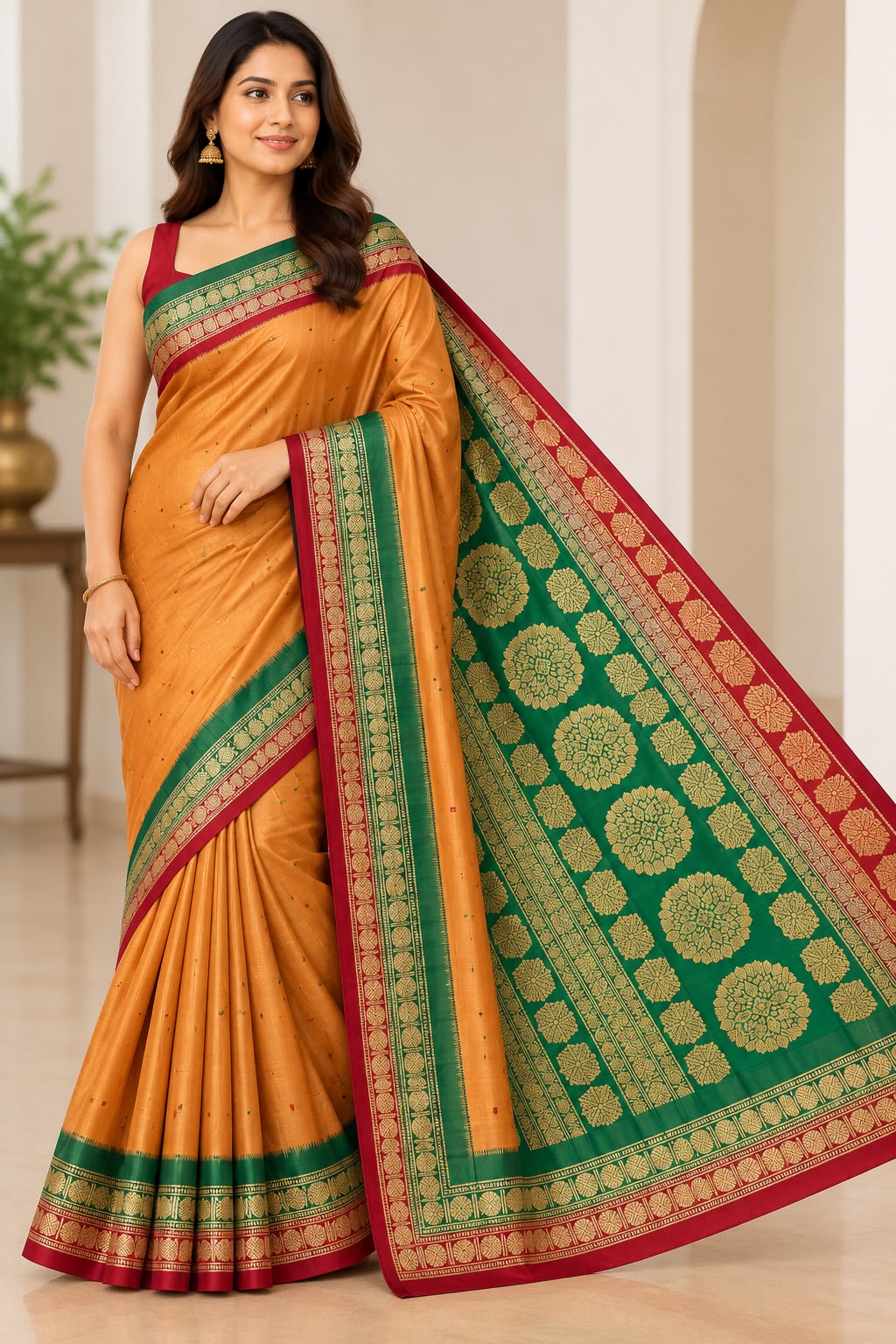Elegant Golden Orange Silk Saree with Emerald Green &amp; Maroon Zari Pallu