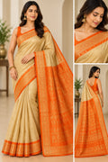 Elegant Cream &amp; Orange Silk Saree with Rich Gold Zari Pallu
