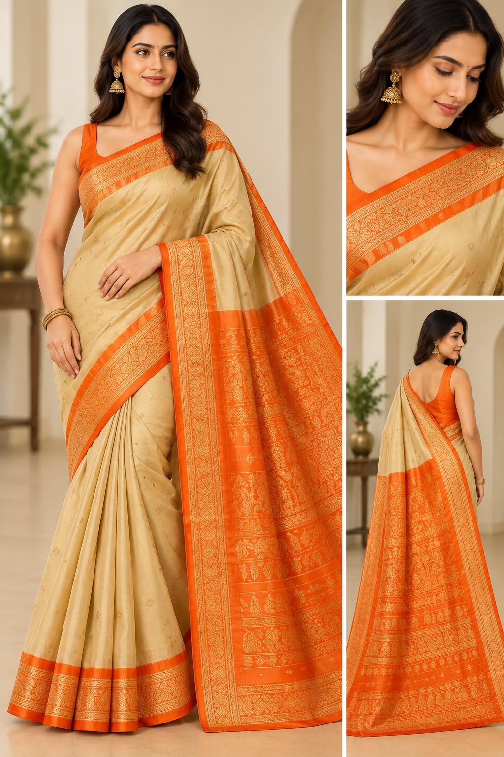Elegant Cream &amp; Orange Silk Saree with Rich Gold Zari Pallu