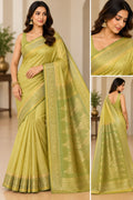 Elegant Pistachio Green Silk Cotton Saree with Gold Zari Border &amp; Pallu