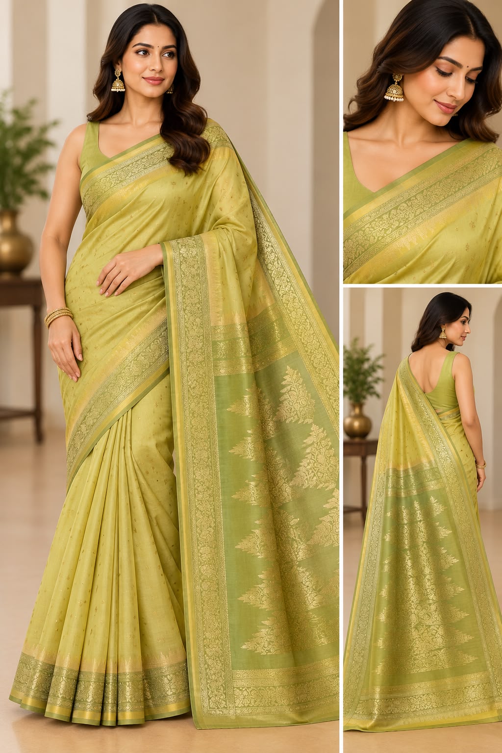 Elegant Pistachio Green Silk Cotton Saree with Gold Zari Border &amp; Pallu
