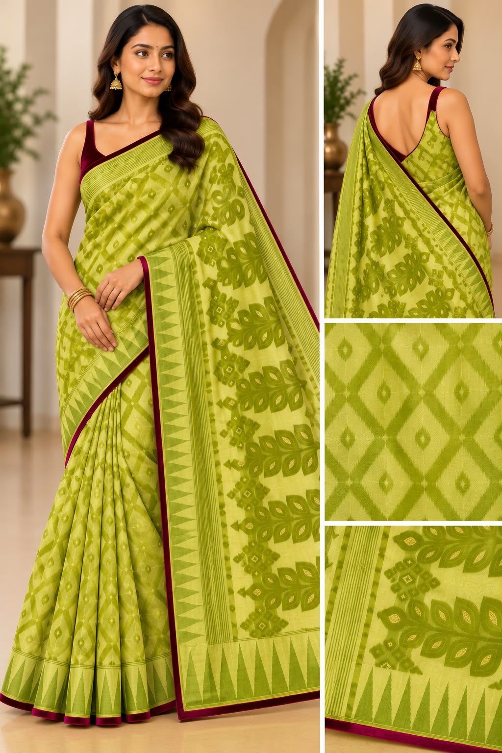 Elegant Green Handloom Khadi Silk Saree with Temple Border