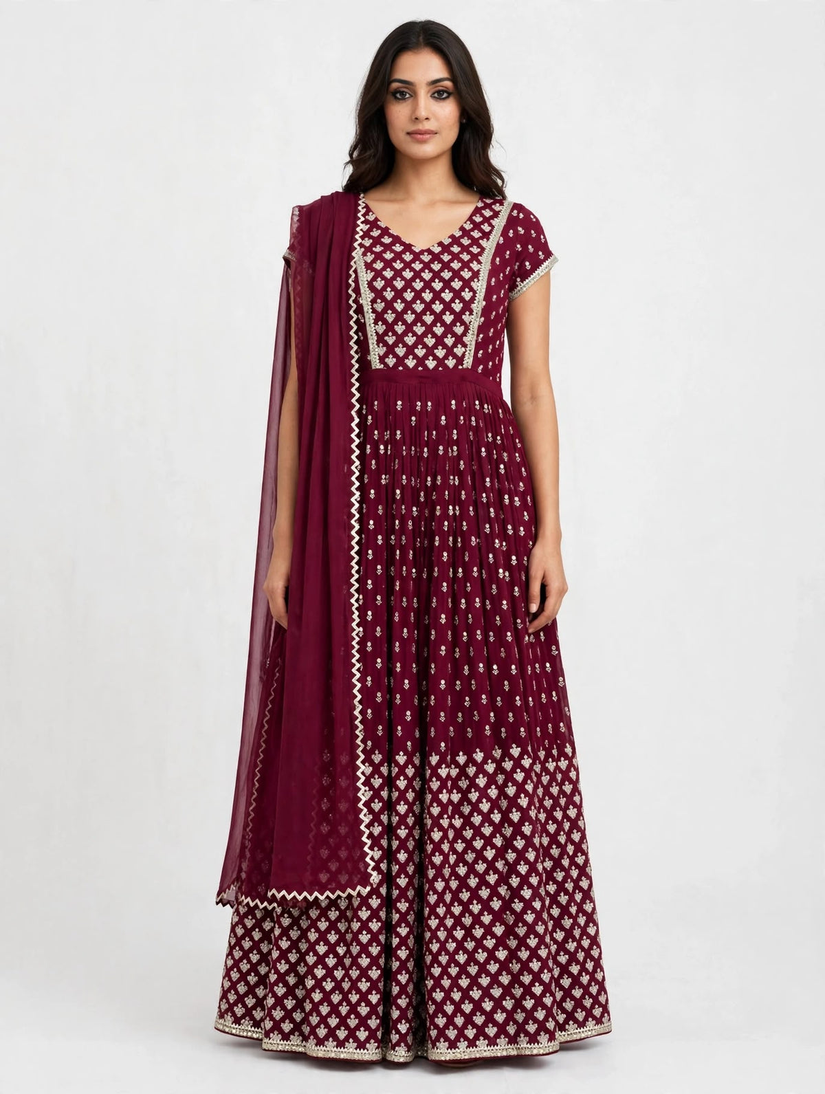 Maroon Embroidered Dress with Silver Diamond Motifs and Dupatta