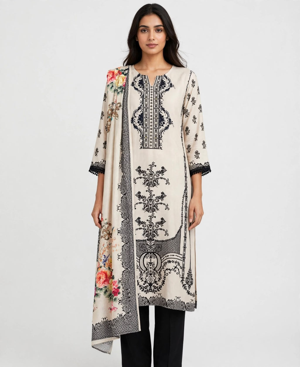 An ivory kurti with bright floral dupatta