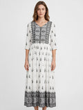 White Dress with Black Embroidered Yoke and Hem Border