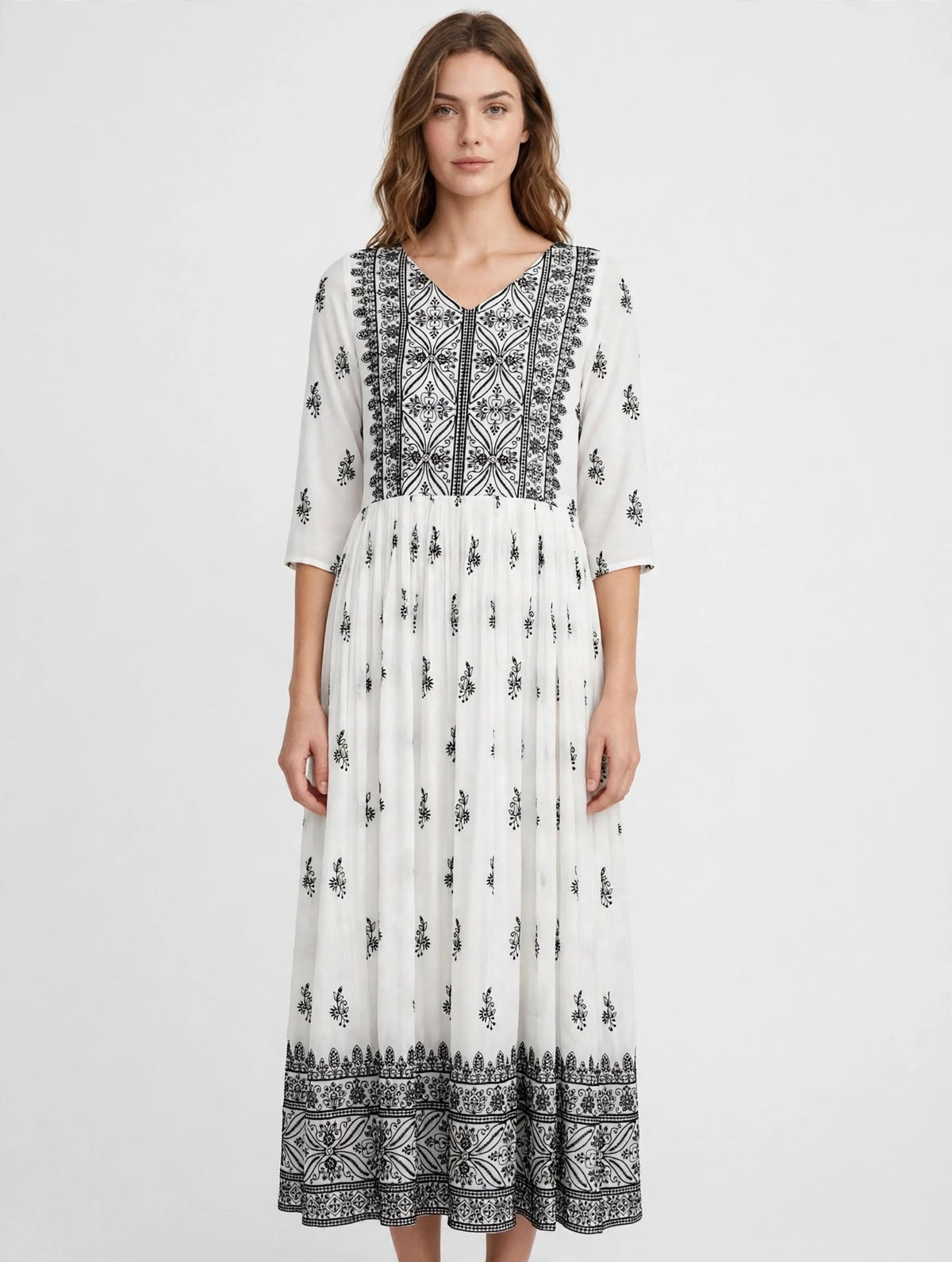 White Dress with Black Embroidered Yoke and Hem Border