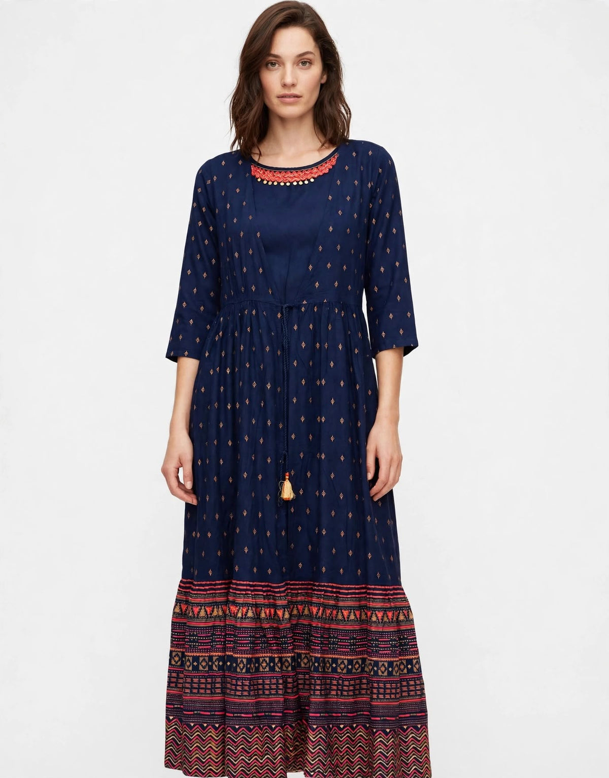 Navy Dress with Gold Diamond Buttis and Patterned Hem Border print