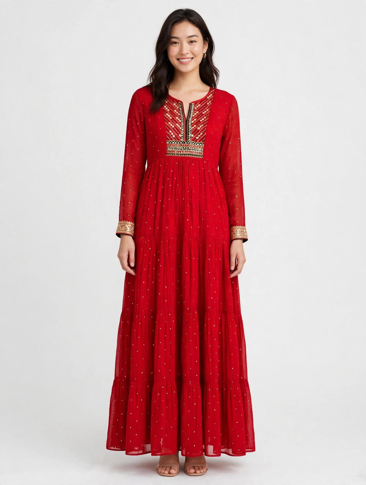 Red Chiffon Dress with Embroidered Yoke and Tiered Skirt