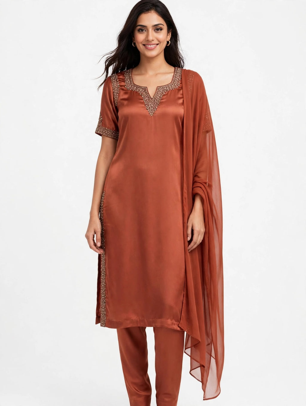 Rust Kurta with Beaded Neckline and Embroidered Cuffs