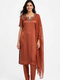 Rust Kurta with Beaded Neckline and Embroidered Cuffs