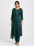 Bottle Green Crepe Satin Silk Suit with Embroidered Neckline