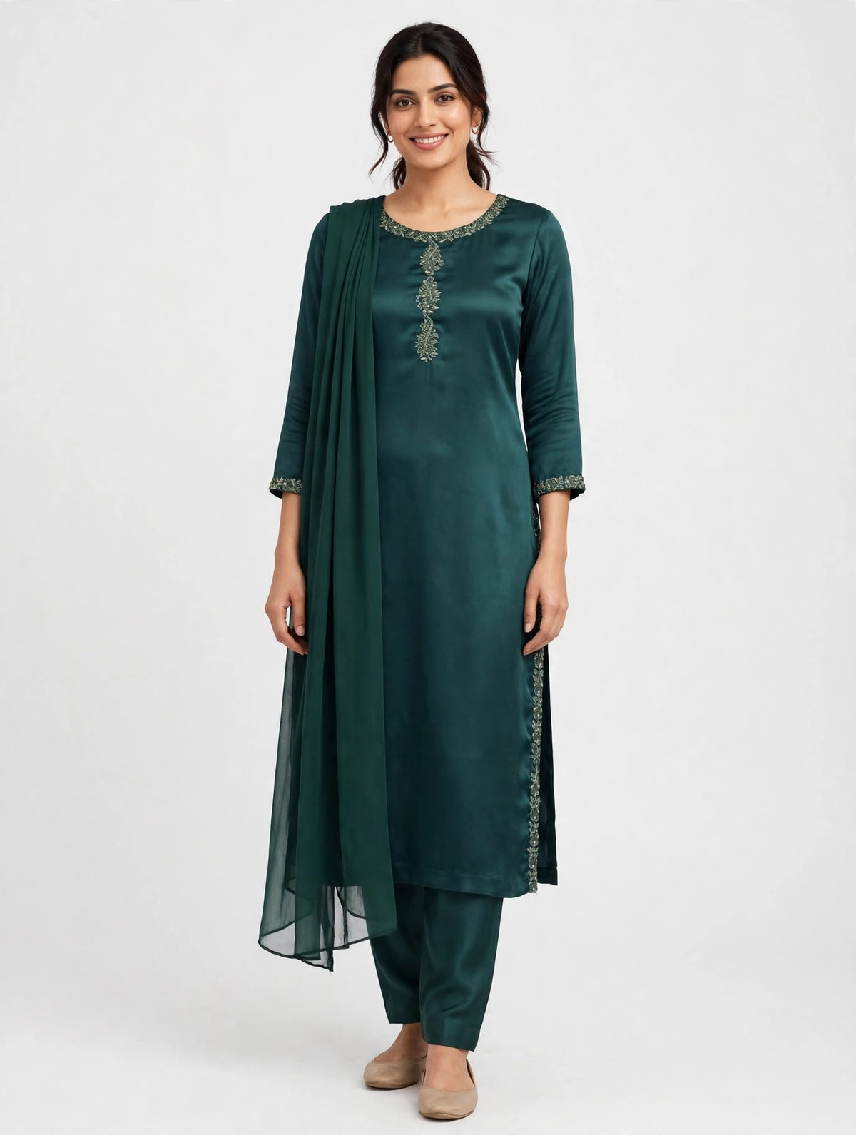Bottle Green Crepe Satin Silk Suit with Embroidered Neckline