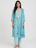 Sky Blue Floral Cotton silk blend Suit with Checkered Dupatta