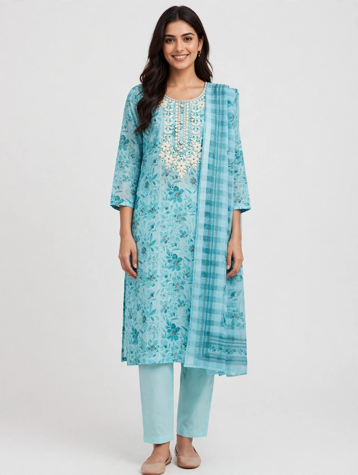 Sky Blue Floral Cotton silk blend Suit with Checkered Dupatta