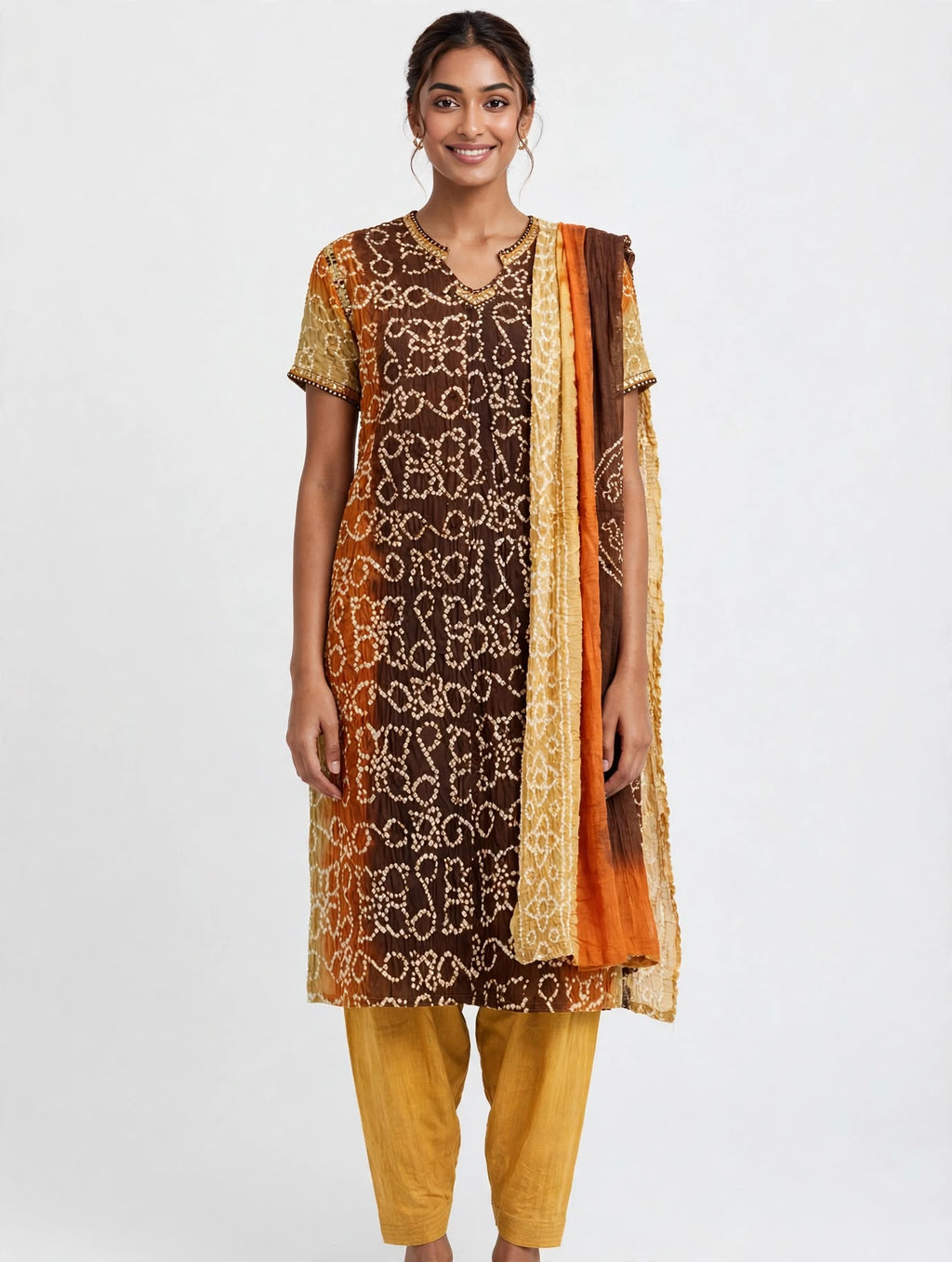 Cotton Bandhani Suit with Mustard Salwar and Medallion Dupatt