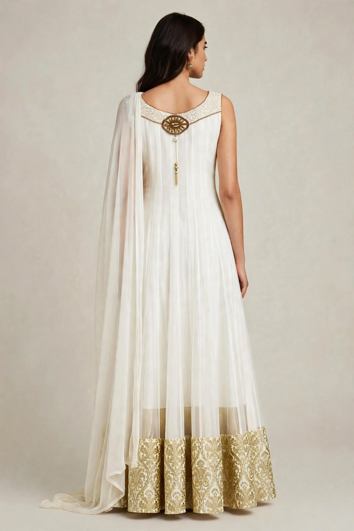 White Gold Zardozi Anarkali Set with Churidar
