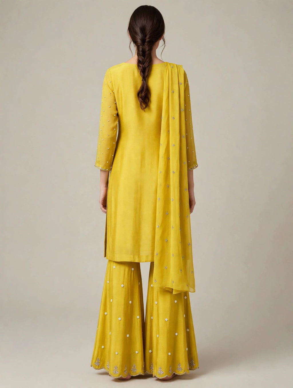 Yellow Pearl-Embroidered Kurta Sharara Set