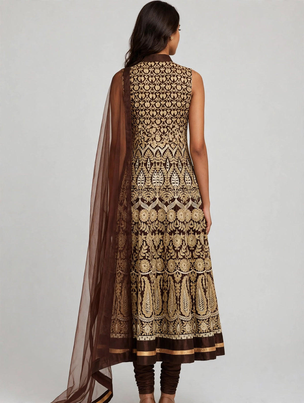 Chocolate Brown Gold Zari Anarkali Set with Churidar