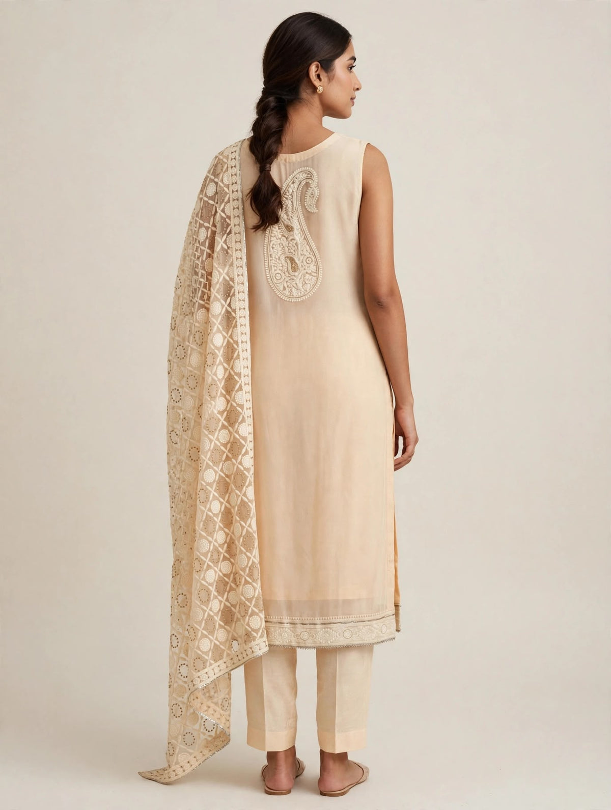 Cream Chikankari Three-Piece Suit