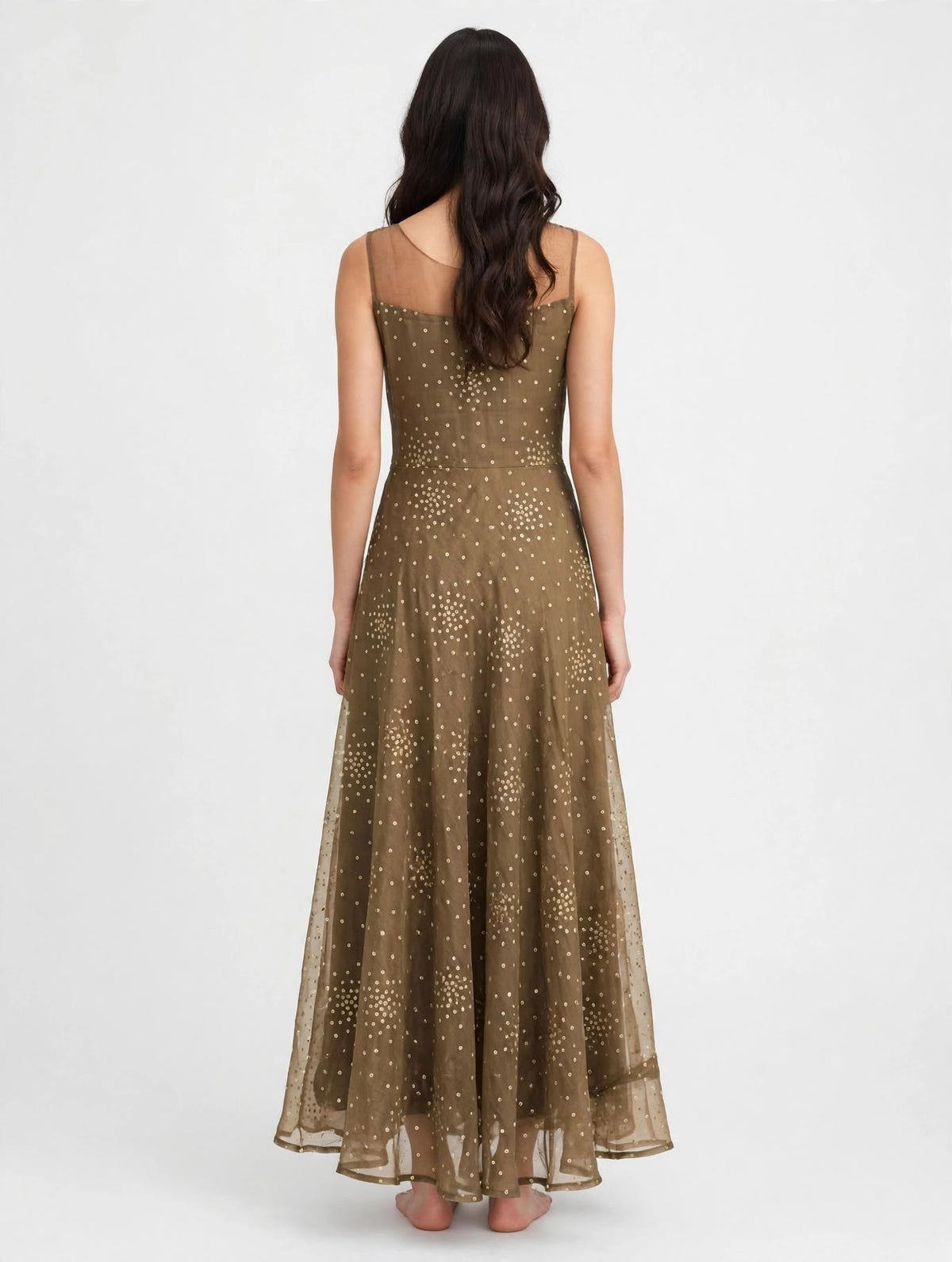 One-piece Sleeveless Dress in Soft Olive, scattered with Gold Sequin Dots
