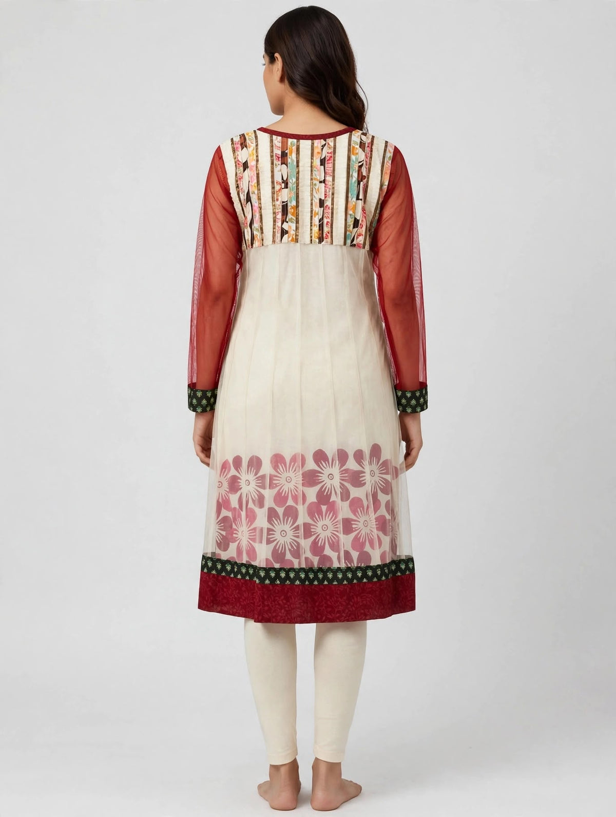 Cream Net and Cotton Kurti with Maroon Embroidery