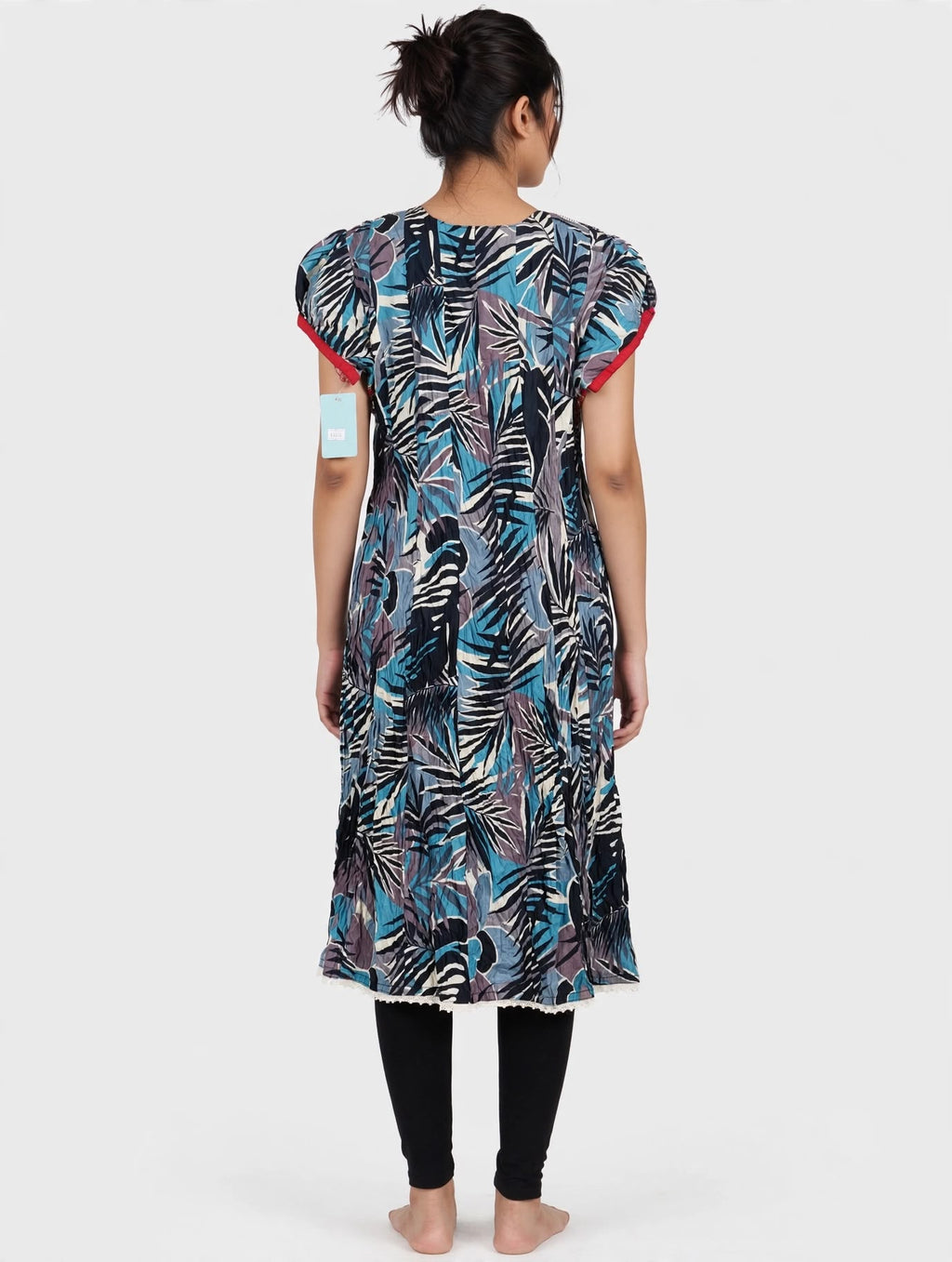Blue Tropical Leaf Cotton Kurti