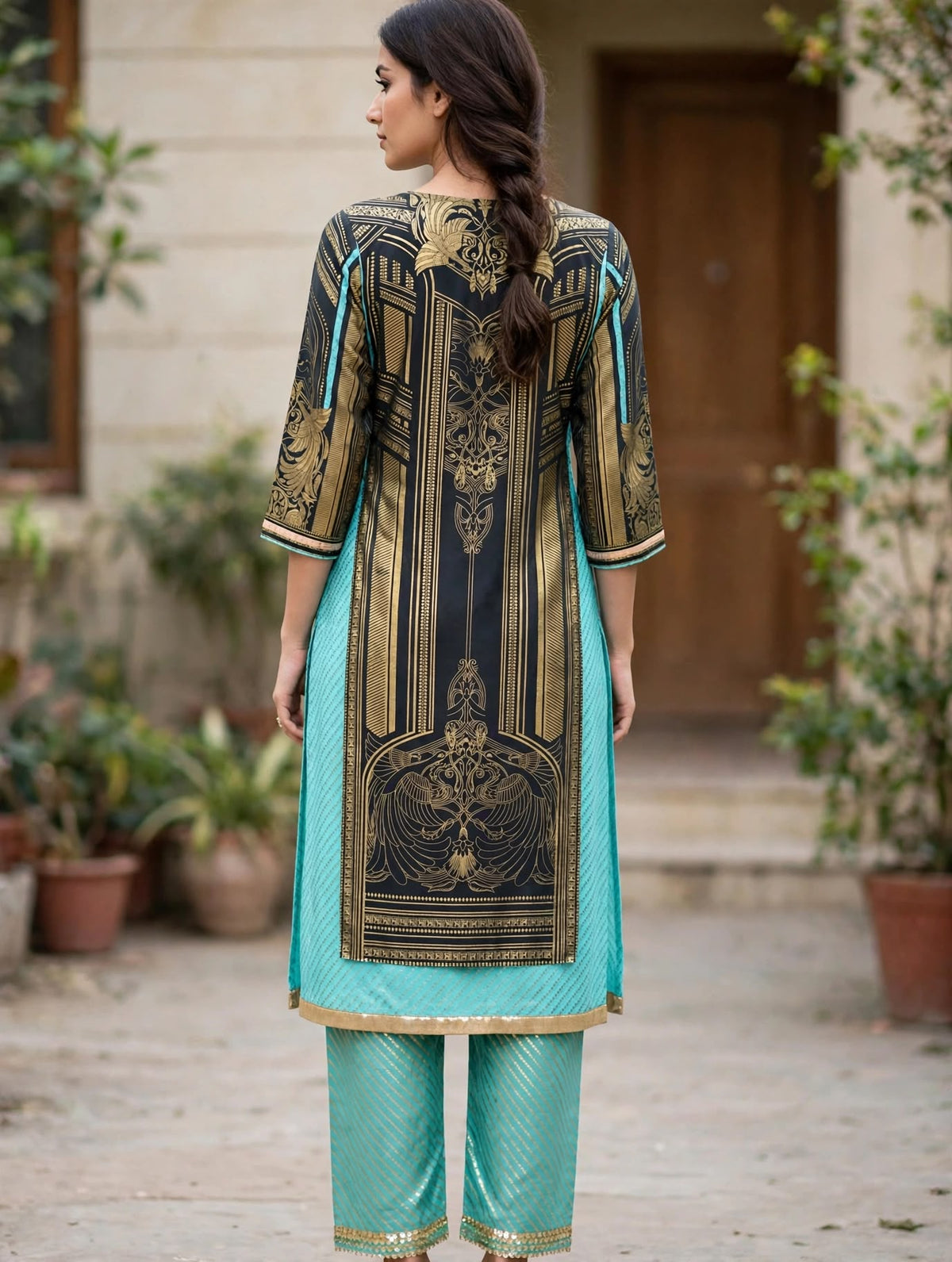 Black and Turquoise Two-Piece Suit with Gold Temple Print