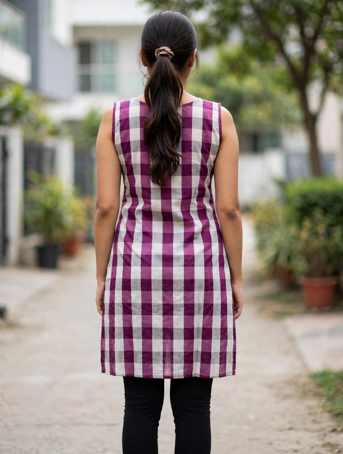 Purple Checkered Sleeveless Kurti with Embroidered Yoke