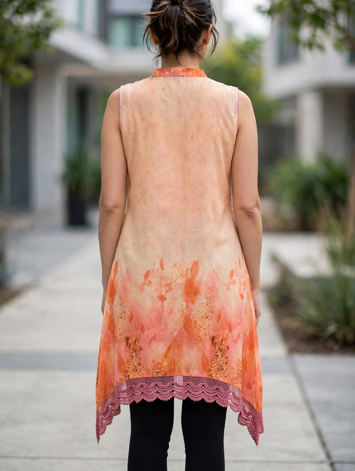 Peach Watercolor Sleeveless Kurti with Lace Yoke