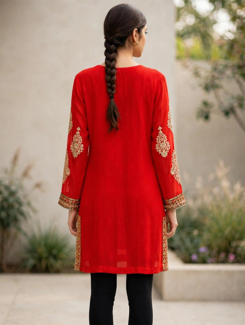 Red Embroidered Kurti with Gold Paisley Buttis