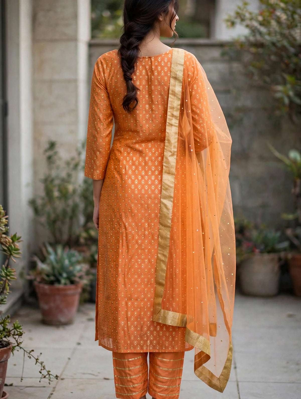 Orange Three-Piece Suit with Gold Butti Print