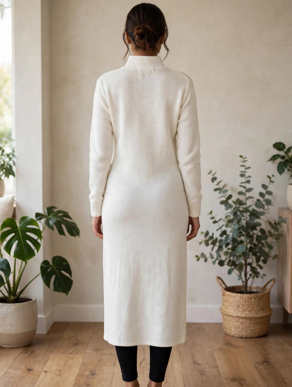 White Woolen Kurti with Self-Knit Diamond Motifs