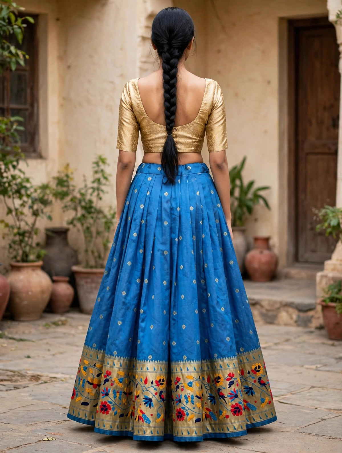 Blue Silk Paithani Skirt with Floral Bird Border