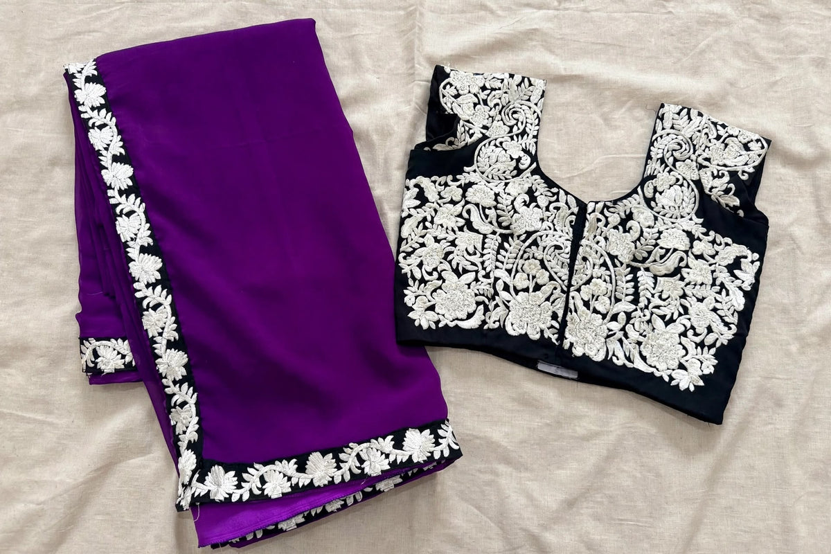 Purple Georgette Saree with Black Embroidered Blouse