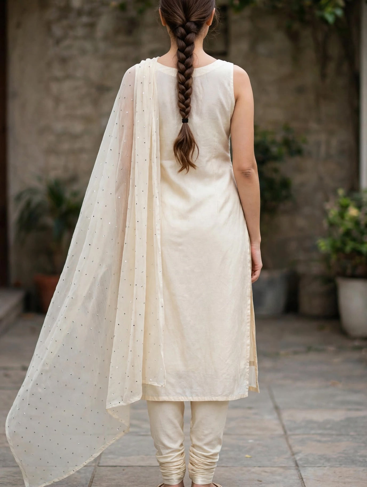 Cream Cotton Silk Blend Embroidered Three-Piece Suit