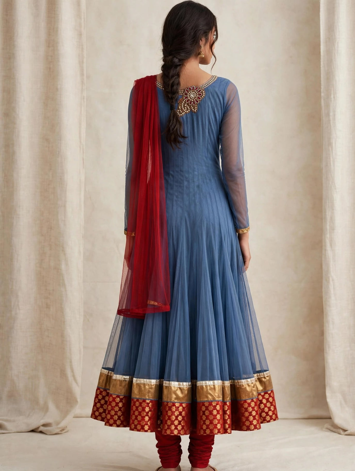 Blue Net Anarkali Three-Piece Suit with Embroidered Yoke