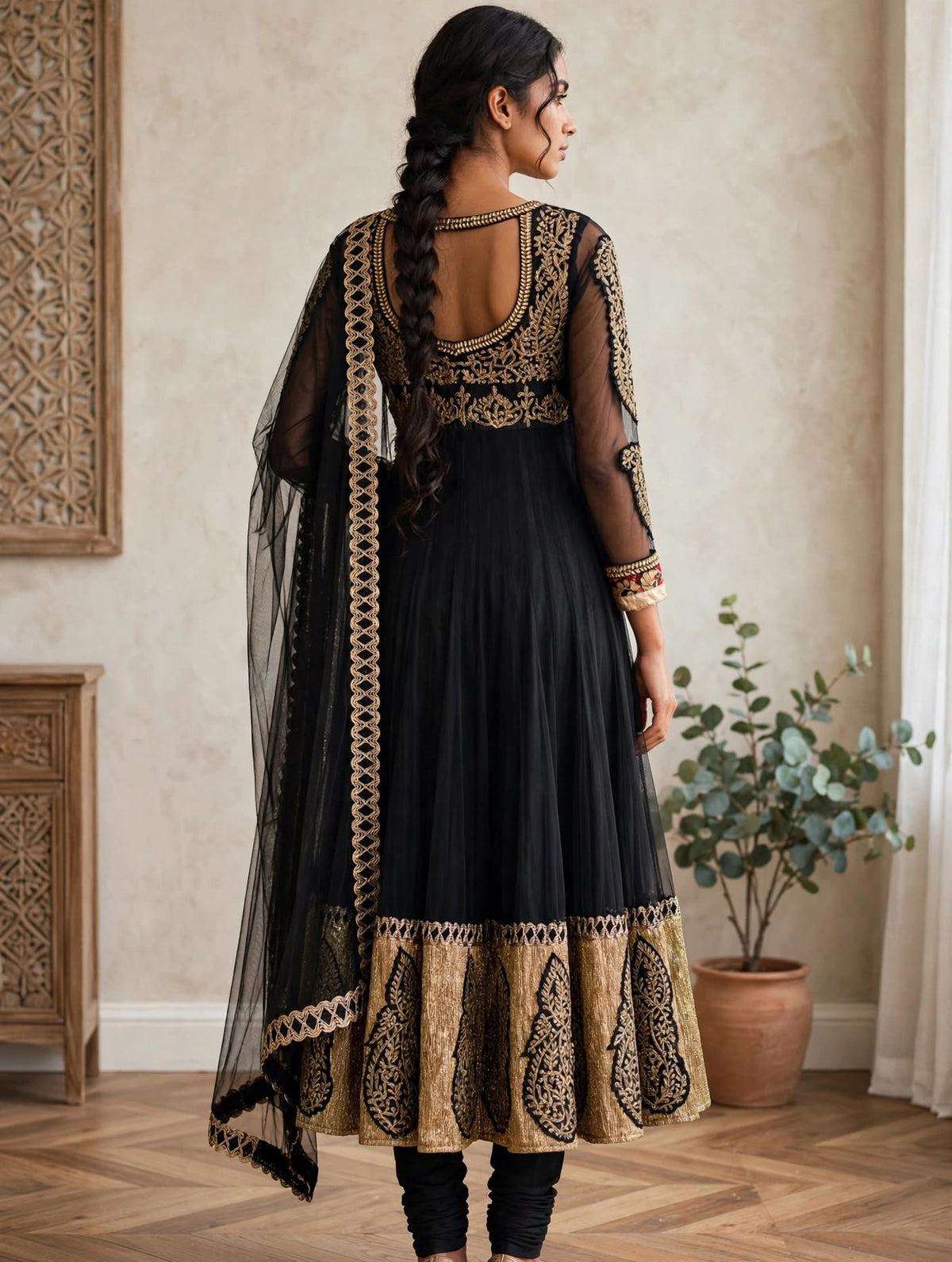 Black Net Anarkali Three-Piece Suit with Heavy Golden Border