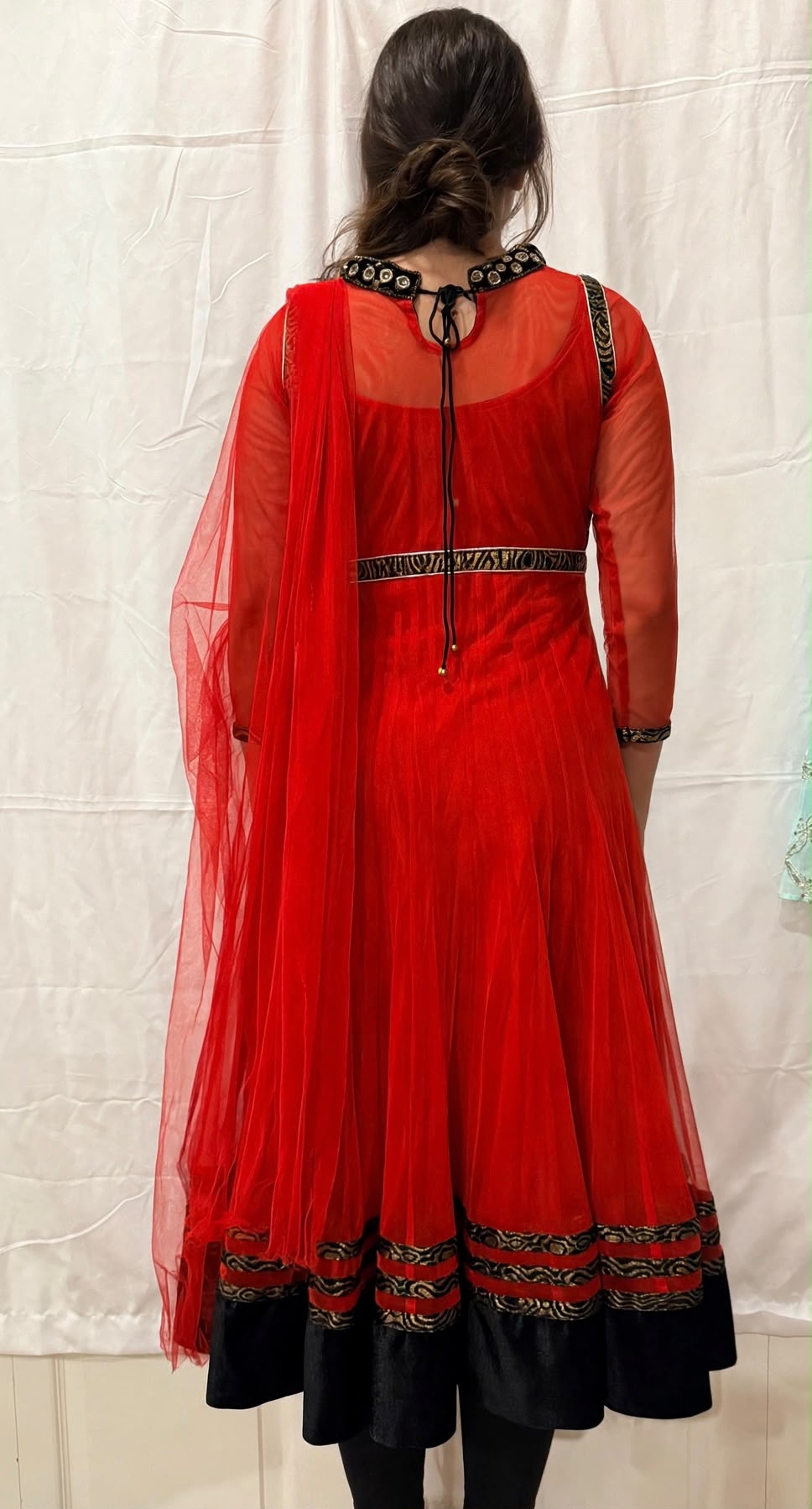 Red Net Anarkali Suit with mirror work and Black-Gold Trim