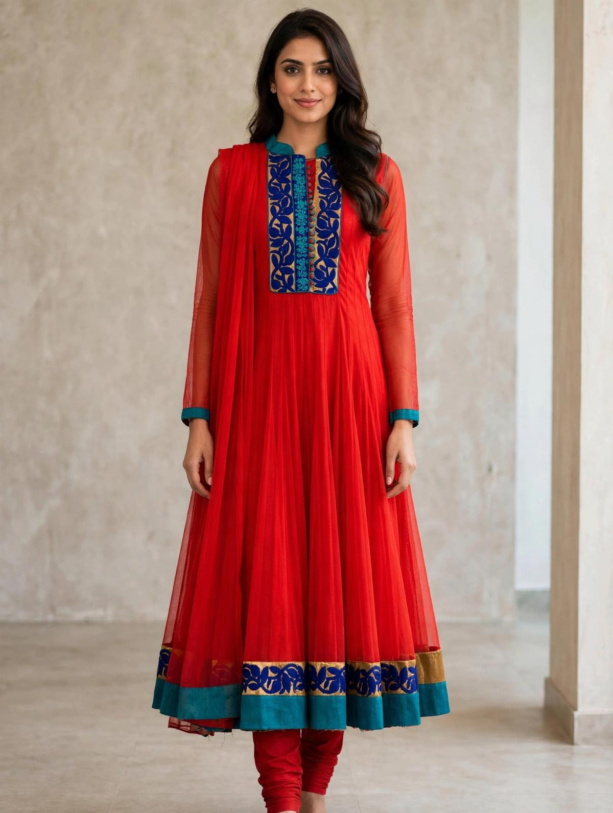 Elegant Red Anarkali Churidar Suit with Dupatta