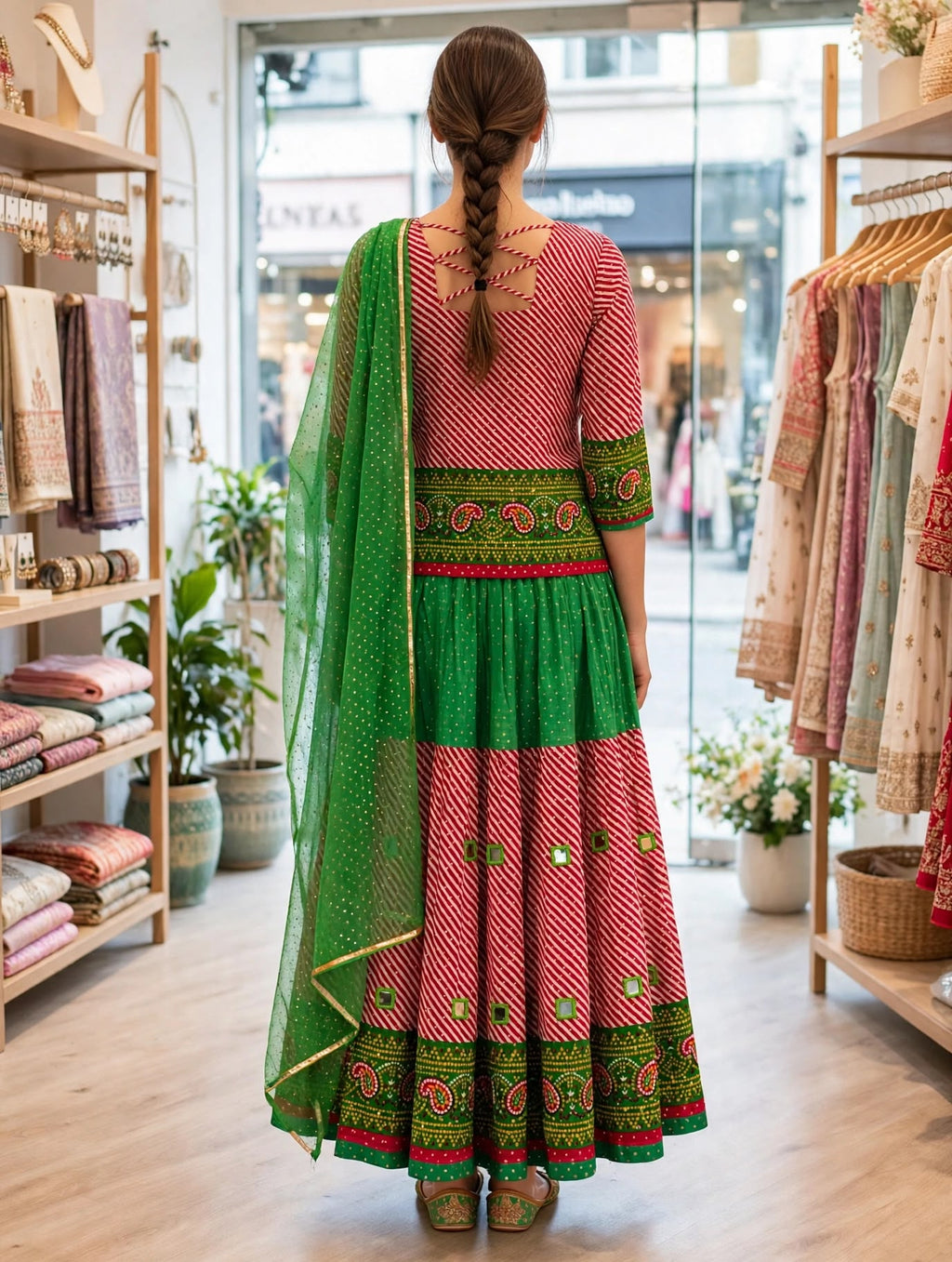 Beautiful Red &amp; Green Cotton Chaniya Choli