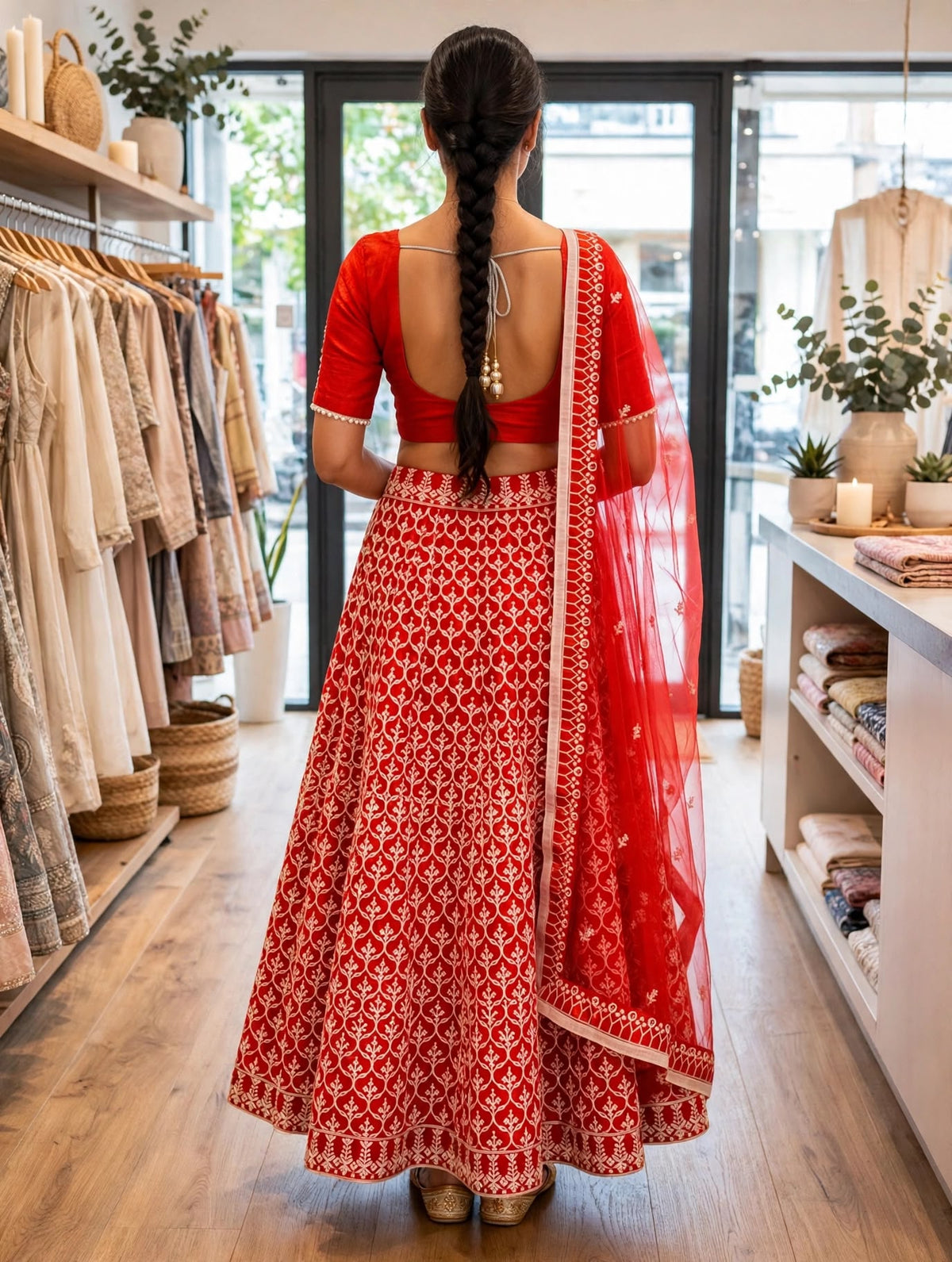 Elegant Red Silk Embroidered Lehenga Choli